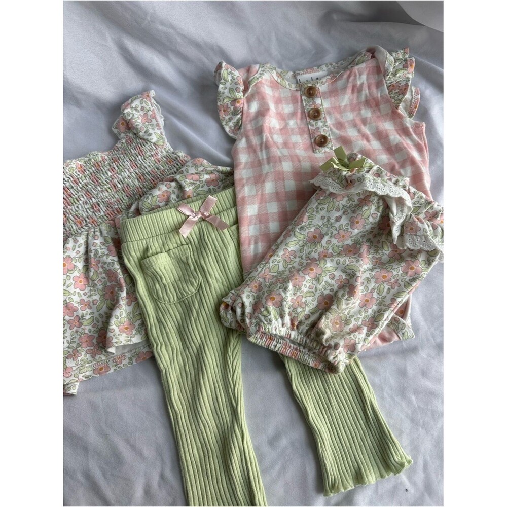 12M Baby Girls Pink Gingham & Floral Outfit Set with Sage Ribbed Leggings